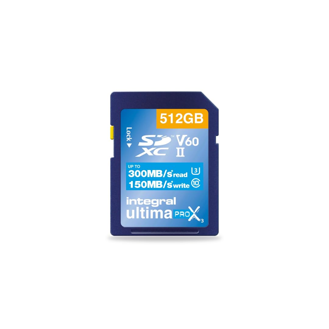 Integral Tarjeta SD de 512GB UHS-II V60 con velocidades de Lectura de hasta 300 MB/s y velocidades de Escritura de 150 MB/s. Tarjeta de Memoria de Alta Velocidad Profesional SDXC