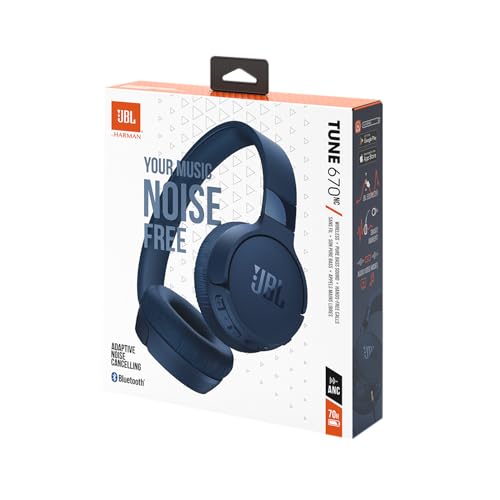 JBL Auriculares Tune 670 NC, auriculares supraaurales inalámbricos ligeros con cancelación de ruido adaptativa, Bluetooth y 70 horas de batería, azul