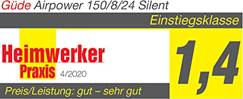 Güde Compresor Airpower 150/8/24 Silent (libre de aceite, silencioso, máx. 8 bar, 1100 W, caldera de 24 l, eff. Cantidad de suministro: 130 l/min, reductor de presión, 2 manómetros, válvula de