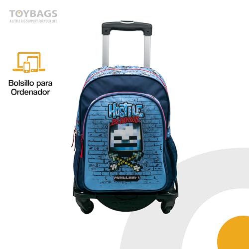 Minecraft Mochila Escolar Hostile Behaviour - Doble Compartimento Adaptable + Carro Negro TOYBAGS con Proteccion Lateral Y STOPER Frontal Anti CAIDA 4 Ruedas giratorias - 44 X 30 X 20 CM