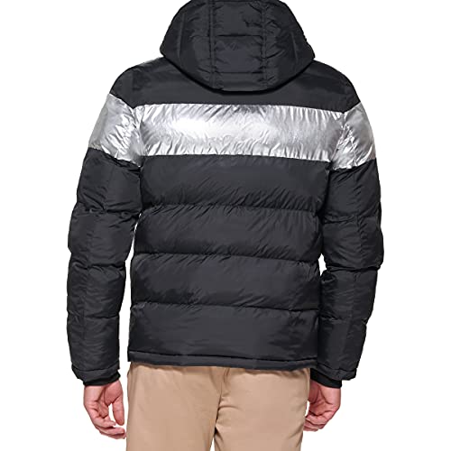 Tommy Hilfiger Hooded Puffer Jacket Abrigo Alternativo de plumón, Rayas Negras y Plateadas, M para Hombre