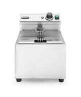 HENDI Freidora eléctrica, temperatura ajustable hasta 195°C, termostato de seguridad, zona fría, con tapa y cesta de freír, 8L, 230V, 3500W, 300x455x(H)345mm, acero inoxidable 18/0