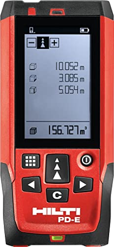 Hilti 2062050 Medidor láser de Distancia PD-E (hasta 200m, con Mirilla integrada, para medición única y Continua con Nivel de Burbuja Digital y Pantalla para Exterior, Memoria 30 mediciones. Funda)