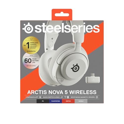 SteelSeries Arctis Nova 5 Blanco Cascos gaming inalámbricos PC, PS5, Switch 2, móvil - Controladores magnéticos de neodimio - Más de 100 preajustes - Batería de 60 horas - 2,4 GHz o BT - Micro Gen2.X
