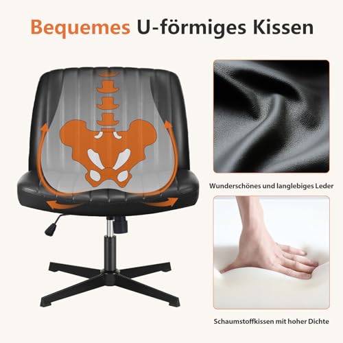 Sweetcrispy Silla de Oficina sin reposabrazos, Silla de Escritorio con Piel sintética, Silla de Lectura con cojín más Ancho para Sentarse en el Asiento de Sastre, Altura Regulable, Silla giratoria de