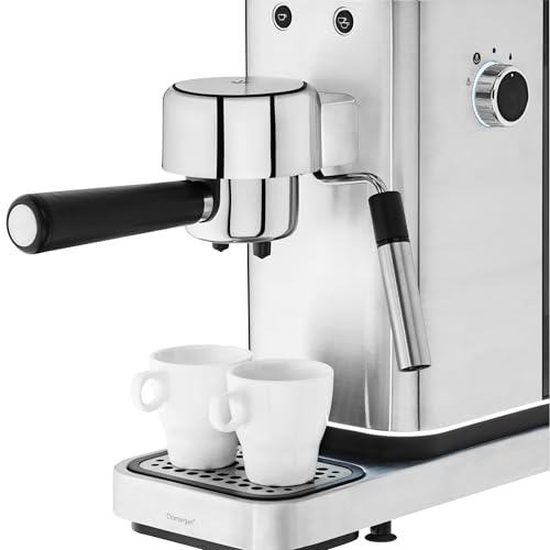WMF Lumero - Cafetera expreso con 3 portafiltro, 1400 vatios, para 1-2 tazas de expreso, 15 bares, reposavasos, espumador de leche, prensador de café, luz led, acero inoxidable mate
