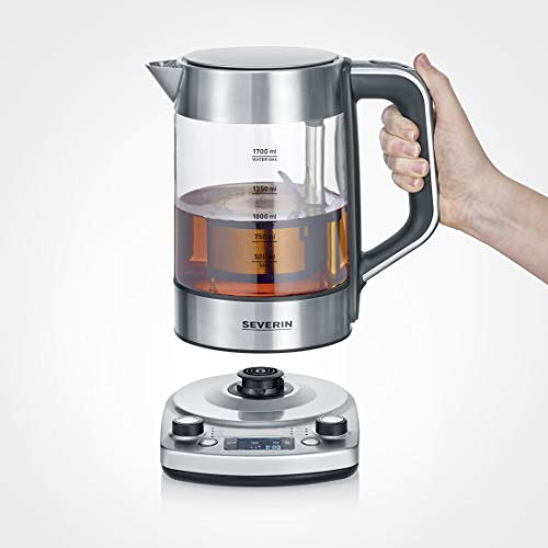 SEVERIN - Hervidor de té y agua de cristal con elevación automática, 1.7 L, 3000 W, Elemento calefactor oculto por placa de acero inoxidable, acero inoxidable y cristal, WK 3422