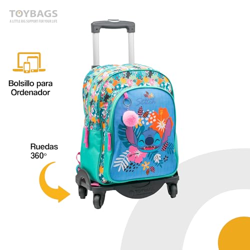 ToyBags Mochila Escolar Stitch Tropical - Doble Compartimento - CON ACCESORIO POM-POM - Adaptable + CARRO NEGRO PROTECCION LATERAL Y STOPER FRONTAL ANTI CAIDA 4 ruedas giratorias - 44 X 30 X 20 CM