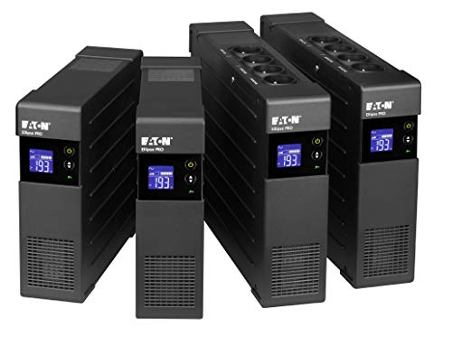 Eaton Ellipse Pro 850 DIN - Fuente de alimentación ininterrumpida (SAI) - Potencia 850 VA con protección de sobrevoltaje (4 salidas Schuko) y regulación de voltaje (AVR), Negro