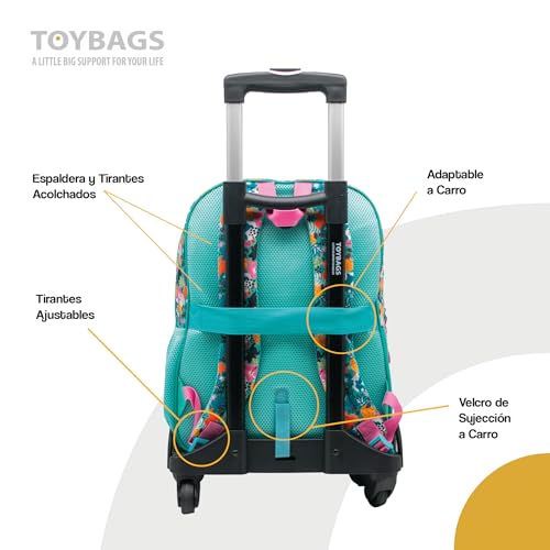 ToyBags Mochila Escolar Stitch Tropical - Doble Compartimento - CON ACCESORIO POM-POM - Adaptable + CARRO NEGRO PROTECCION LATERAL Y STOPER FRONTAL ANTI CAIDA 4 ruedas giratorias - 44 X 30 X 20 CM