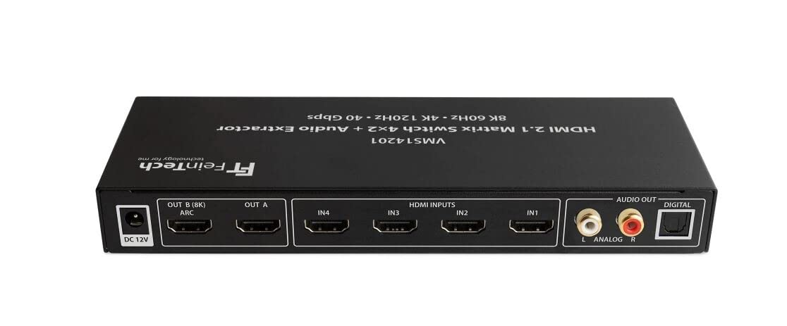 FeinTech VMS14201 HDMI 2.1 Matrix Switch 4x2 Conmutador 4K 120Hz 8K Ultra HD 4 en 2 Salidas Audio Extractror ARC Toslink SPDIF Downscaler para Xbox PS5 TV Monitor HDR VRR 40Gbps
