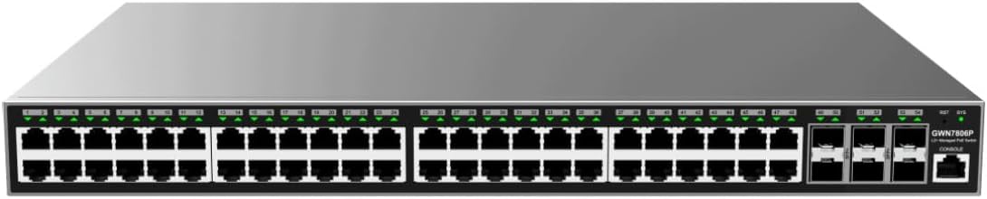 GRANDSTREAM GWN7806P Manageable Layer Switch (Layer) 2+ Rackable. Ports: 48x GbE RJ45 PoE 802.3 AF/at, + 30W per Port, Total Power 360W, 6X SFP+, Internal PSU Brand