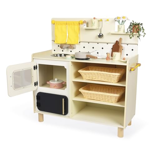 Janod - Gran Cocina Infantil de Madera - Equipada con 2 Hornos, Fregadero y 16 Accesorios Incluidos - Botones Sonoros Giratorios - Juguete de Imitación y Aprendizaje Temprano - A Partir de 2 años