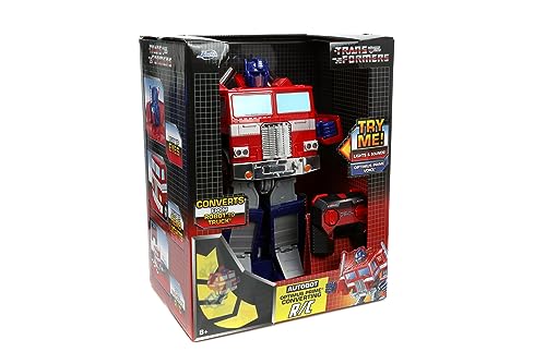 Jada Transformers Converting RC Optimus Prime - Coche de Control Remoto Modelo G1 Original - 30 cm de Largo en Modo camión, pie 35 cm de Alto Convertido en Modo Autobot con Luces Sonidos y Voz
