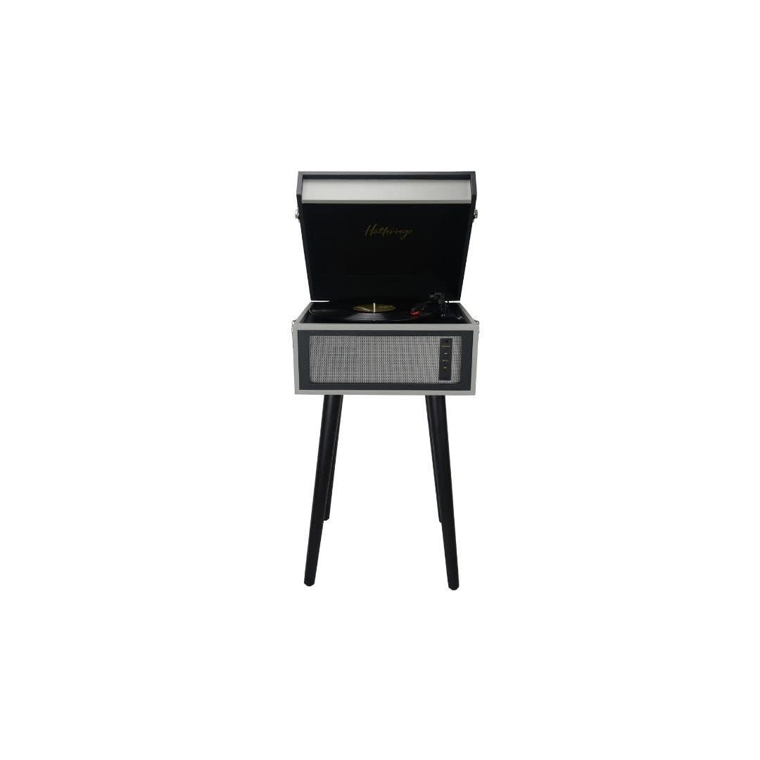 Platino de Vinilo Halterrego con 4 Patas de Madera extraíbles y HP integradas, RMS 2 x 5 W, RCA out, Aux in y Toma de Auriculares, BT in/out, lec y enrg USB, Gris