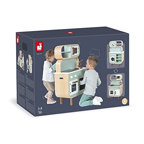 Janod - Cocina de doble cara- Cocina de madera para niños Recto-Verso - Cocina con luz y sonido - Con 7 accesorios - De 3 a 8 años, J06594
