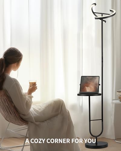 LuminexDesigns Lámpara de Pie con Mesa – Lámpara LED Regulable 36W con Mando a Distancia y Control Táctil, Cabezal Giratorio 360°, 2700K–6500K, Moderna para Salón, Oficina, Dormitorio – Negro
