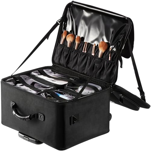VEVOR Estuche de Maquillaje con Ruedas 3 Niveles, Maleta de Almacenamiento de Transporte con Asas Correa, Caja Bolsa de Maquillaje Oxford Impermeable Negro