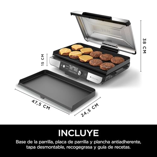 Ninja Sizzle Pro XL Parrilla y plancha para interior, con placa de parrilla y plancha cerámicas antiadherentes, tapa desmontable, recogegrasas y guía de recetas, color plateado/negro GX101EU