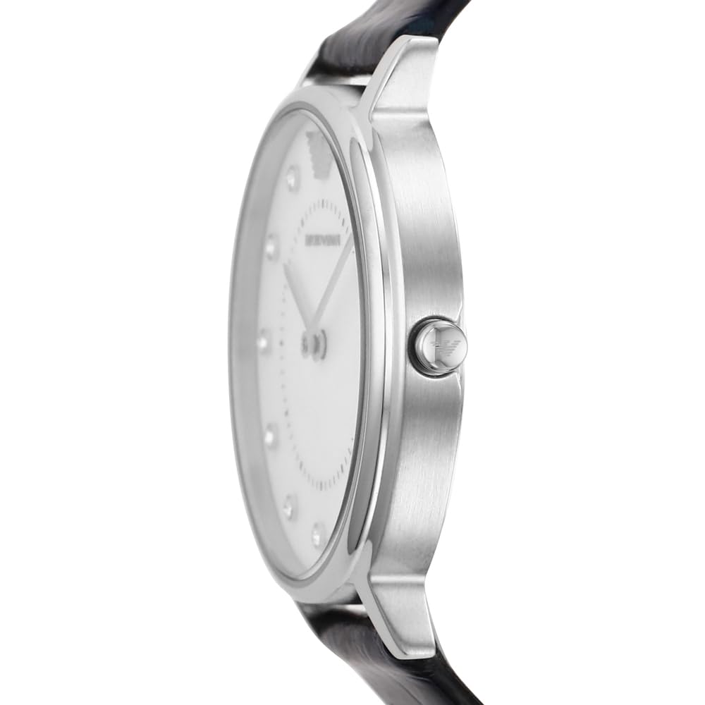 Emporio Armani Reloj de mujer, movimiento de dos manecillas, caja de acero inoxidable plateado de 32 mm con correa de piel, AR11095, Azul marino y blanco roto