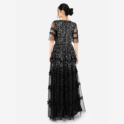 Maya Deluxe Women's Maxi Dress Ladies V-Neck Sequin Embellished Ruffle Detail for Wedding Guest Bridesmaid Prom Occasion Ball Gown Vestidos, Negro, 46 para Mujer