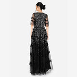 Maya Deluxe Women's Maxi Dress Ladies V-Neck Sequin Embellished Ruffle Detail for Wedding Guest Bridesmaid Prom Occasion Ball Gown Vestidos, Negro, 46 para Mujer