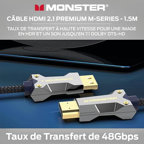 Monster Cable HDMI M3000 de 1,5 m, cable HDMI 2.1, cable HDMI 8K, cable HDMI de ultra alta velocidad 48 Gbps, 8 K a 60 Hz, 4K a 120 Hz, HDR, eArc, conectores dorados, cable de TV compatible con