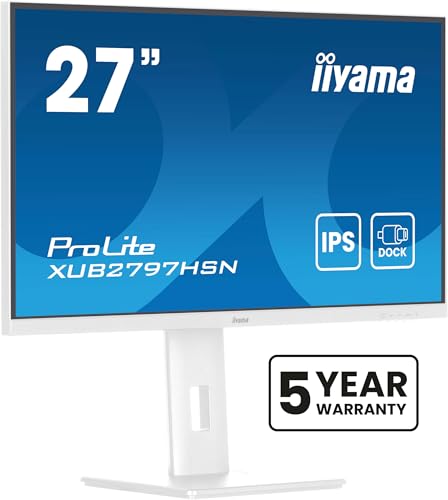 iiyama XUB2797HSN-W2 Pantalla IPS de 27 Pulgadas (Bisel Blanco) USB-C de 65 W de Carga, 4 ms, Full HD 1920 x 1080, RJ45/HDMI/DP, 1 x DP-out (MST), 4 concentradores USB, Soporte Ajustable en Altura