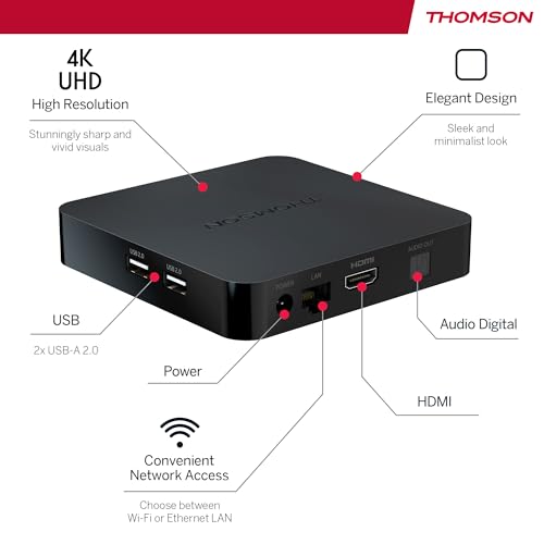 THOMSON Google TV Streaming Box 240, 4K UHD, Google Assistant, Google Cast, Wi-Fi, Bluetooth 5.0, HDMI 2.1, Dolby Atmos, Dolby Digital+, HDR10, 2 GB RAM, 8 GB Memoria