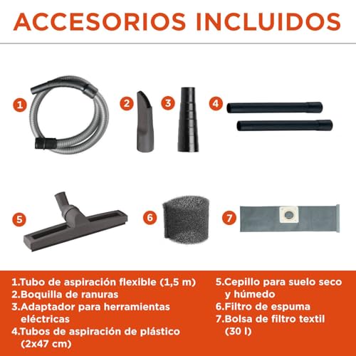 Black+Decker Aspirador Multiuso BXVC30XTDE de sólidos y líquidos con Toma para Herramientas eléctricas integrada (1600 W, 30 l)