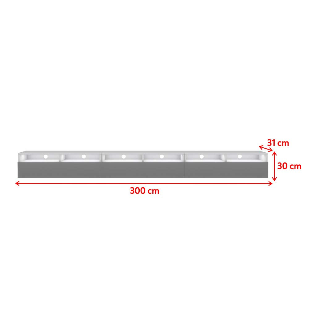 SELSEY REDNAW - Mueble de TV Moderno con 3 cajones, 300 cm, Color Blanco Mate, Gris Brillante, iluminación LED