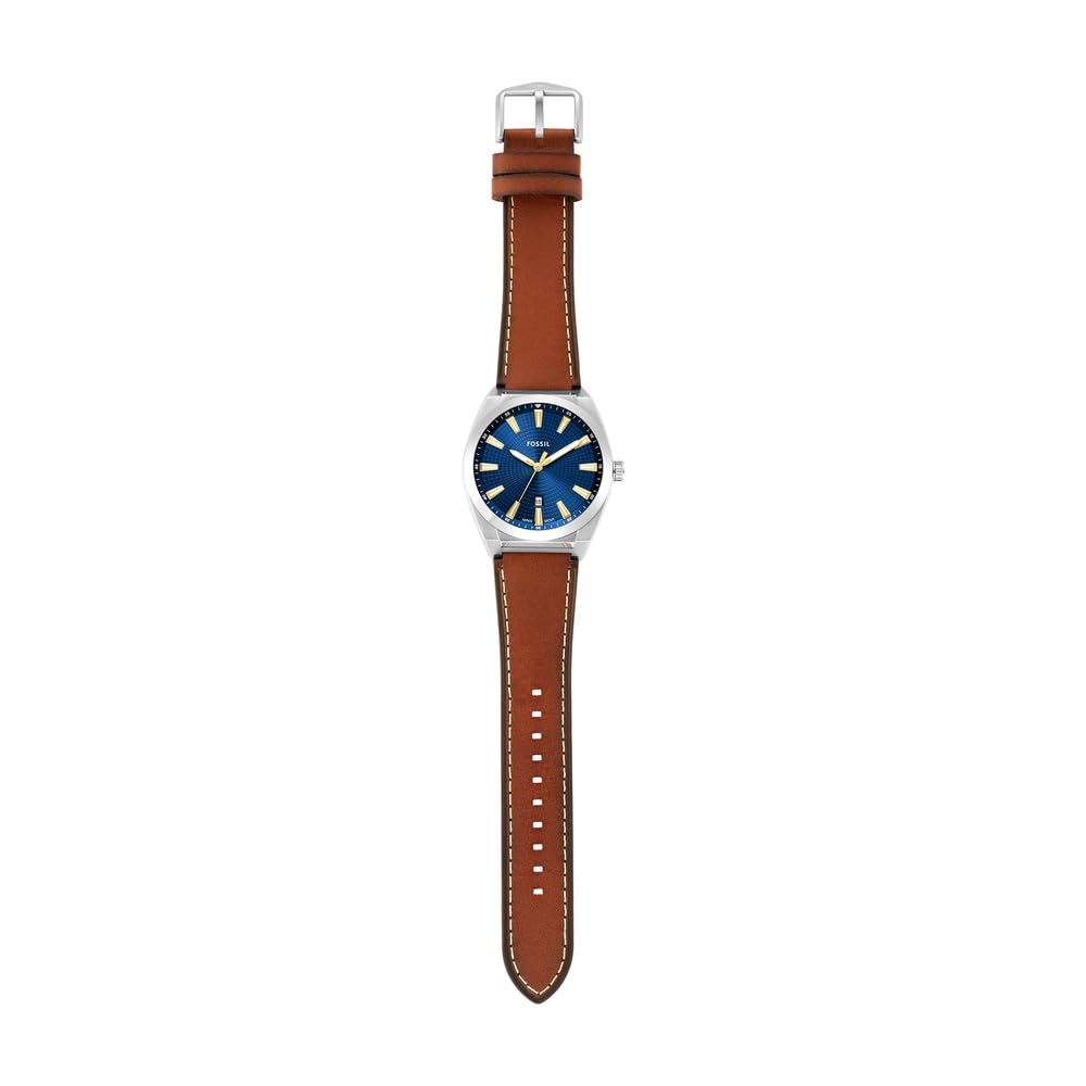 Fossil Reloj Everett para Hombre, Movimiento de Cuarzo con Fecha a Tres Agujas y Correa de Piel o Acero, Marrón y Azul