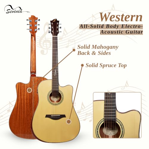 Sevinia Guitarra electroacústica Signature Series | Cuerpo sólido, parte superior de abeto sólido con parte trasera y laterales de caoba, afinador, ecualizador de 3 bandas, se suministra con bolsa