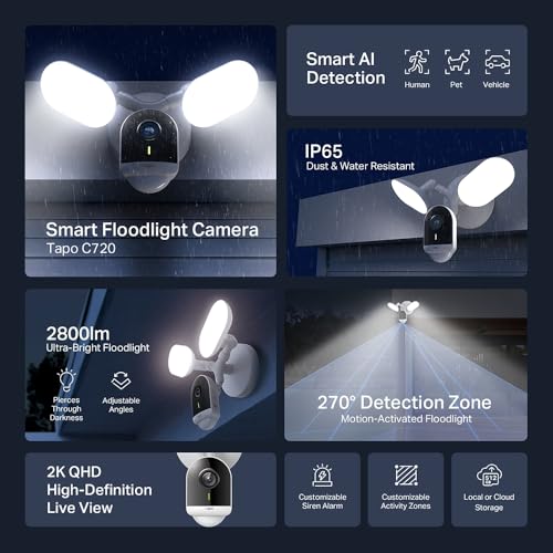 Tapo C720 - Cámara Wi-Fi Externa 2K 4 MP, visión Nocturna y proyectores de 2800 lúmenes, Control de luminosidad y Disparador de activación, detección Inteligente AI, microSD hasta 512 G, IP65, Solo