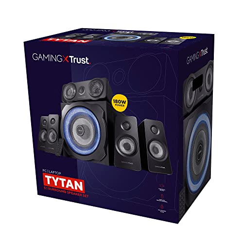 Trust Gaming GXT 658 Tytan 5.1 Sistema de Altavoces con Iluminación LED y Sonido Envolvente, Altavoz Alámbrico, Speaker para PC, Ordenador Portátil, Smart TV, Consola - Negro