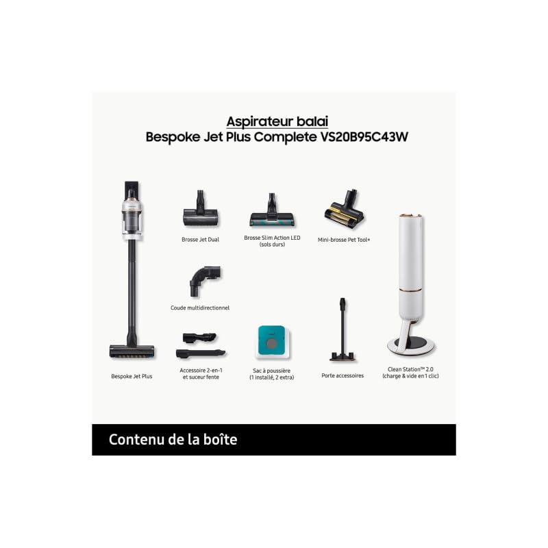 Samsung VS20B95C43W/WD Aspirador de Mano inalámbrico, Plástico, Metal Cromado Negro