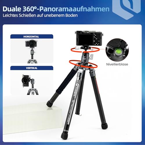 Fotopro - Trípode de cámara de Fibra de Carbono (163 cm, con monopodo, rótula 360, 1/4, Placa de liberación rápida, trípode de Viaje, Ligero, para cámara, Carga máxima, 12 kg, Aircross 3, Color Gris