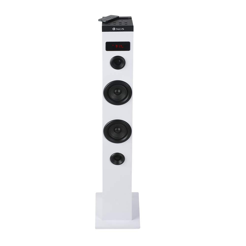 NGS Sky Charm White- Torre de Sonido Bluetooth 50W con Mando a Distancia, Entrada Óptica, USB, Radio FM y AUX IN (Color Blanco)