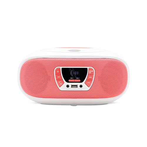 Mooov 477409 - Radio CD FM, Efectos Luminosos, función inalámbrica, USB, Pantalla LED, función Karaoke con Micro AUX-IN, Blanco y Rosa