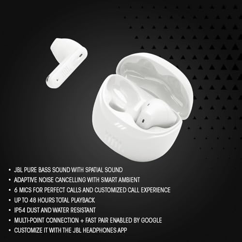 JBL Tune Flex 2, Auriculares inalámbricos Bluetooth y cancelación de Ruido. Autonomía de hasta 48 hrs, IP54 Resistentes al Agua y al Polvo, conexión multipunto, diseño ergonómico y Abierto,Ghost Negro
