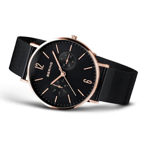 BERING 14240-163 Reloj de cuarzo para hombre con caja de acero inoxidable de 40 mm con acabado en oro rosa y esfera negra, correa milanesa, cristal de zafiro y resistencia al agua de 3 ATM