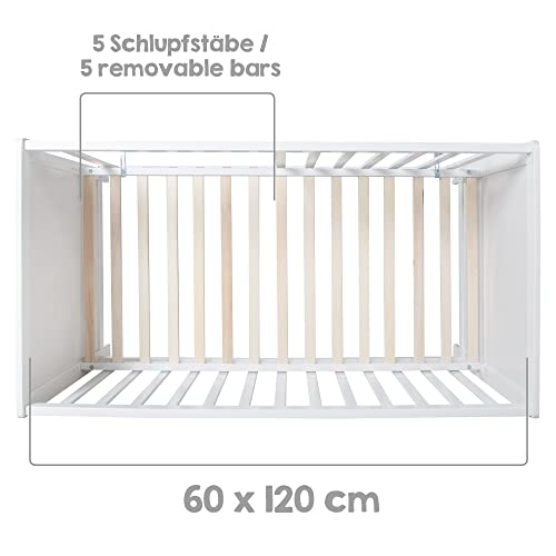 roba Cuna Colecho 60 x 120 cm, 2en1, Convertible en Cama de Bebé Independiente, Ajustable en Altura, 5 Barrotes Desmontables, Madera Blanca