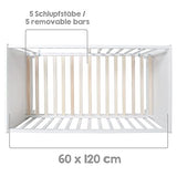 roba Cuna Colecho 60 x 120 cm, 2en1, Convertible en Cama de Bebé Independiente, Ajustable en Altura, 5 Barrotes Desmontables, Madera Blanca
