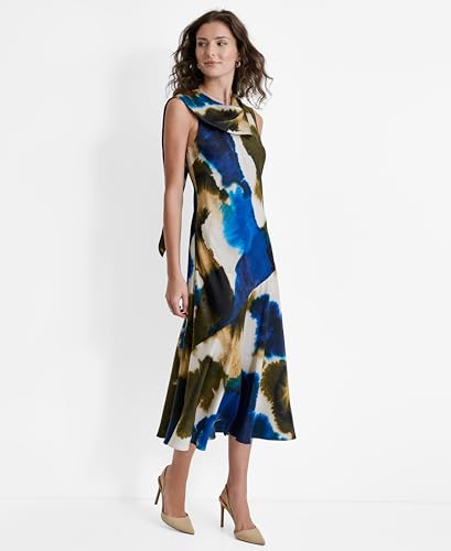 DKNY Sleeveless Printed Tie Neck Vestido, Remolino de Tinta explotado, M Mujeres