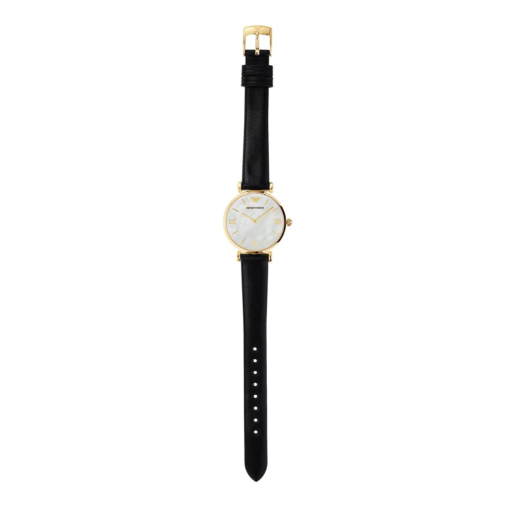 Emporio Armani Reloj de mujer, Movimiento de dos manecillas, caja de acero inoxidable dorado de 32 mm con correa de piel, AR1910, Negro y tono dorado