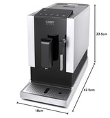 CASO Café Crema One - Cafetera superautomática con pantalla táctil, molinillo silencioso incorporado, Espumador de Leche, Boquilla vapor, Función de precalentamiento, negra y plateado