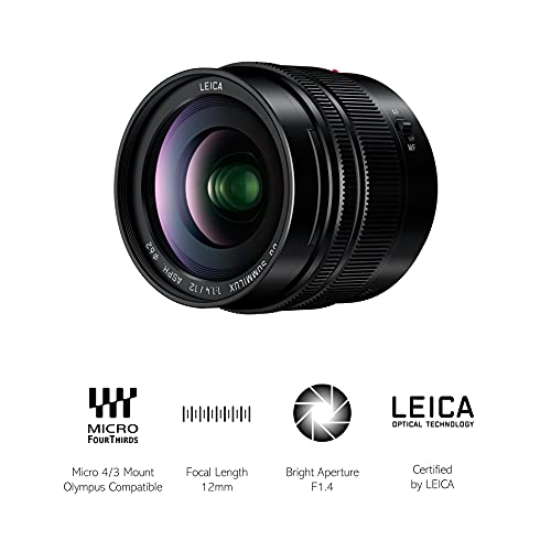Panasonic LEICA DG SUMMILUX H-X012 - Objetivo Focal fija para cámaras de montura M4/3 (Focal 12 mm, F1.4, tamaño filtro 62 mm, lentes asféricas), negro