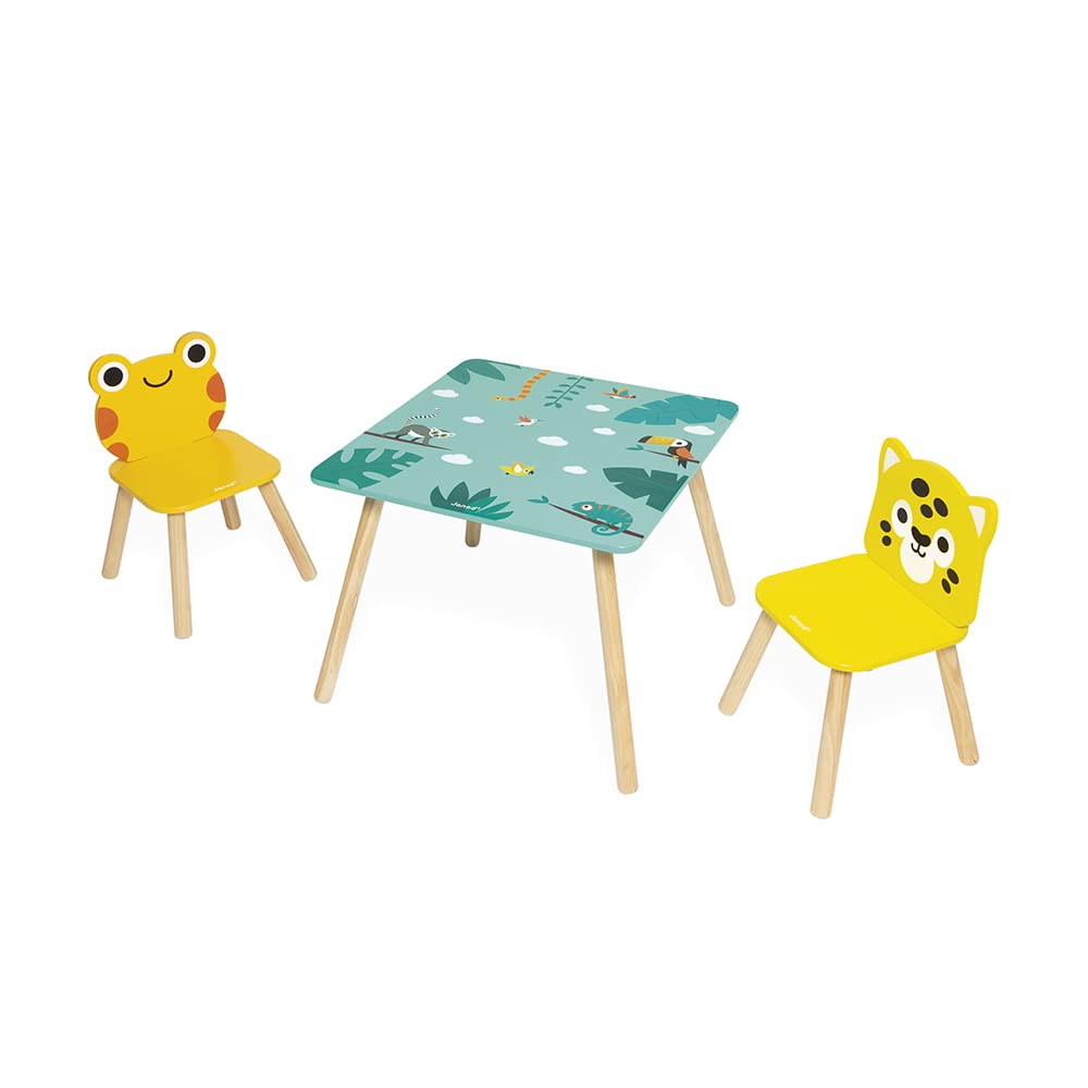 Janod - Mesa y 2 Sillas de Madera Tropik - Mobiliario para Niños - Mesa 55 x 55 cm, Silla Rana y Silla Jaguar - Pintura al Agua - A partir de 3 Años, J08273