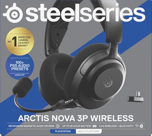 SteelSeries Arctis Nova 3P Wireless Auriculares Gaming multiplataforma - App - Batería 40h - Controladores magnéticos de neodimio - 2,4 GHz/Bluetooth - Micro extraíble - PS5, PS4, PC, Switch -Negro