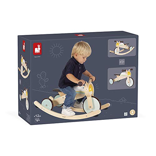 Janod - Triciclo de madera con balancín - Triciclo para bebés de la primera edad - Para desarrollar la motricidad gruesa y el sentido del equilibrio - Juguete de madera - De 12 a 36 meses, J03284